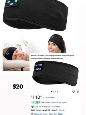 Amazon Essentials Black Sleep Headband with Built-in Headphones
